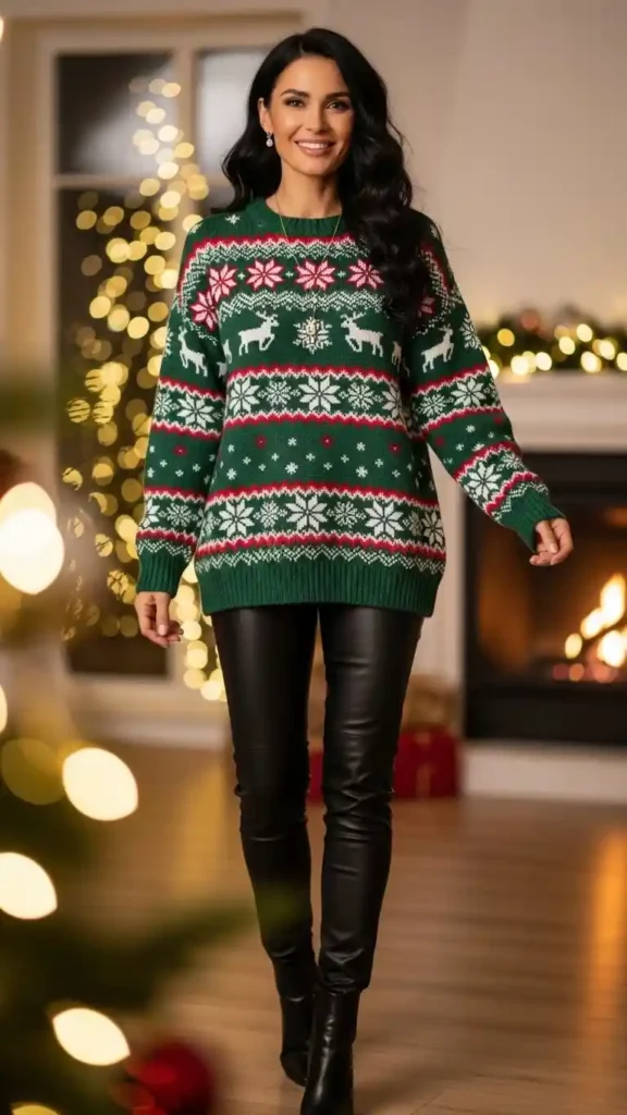 festive-sweater-with-leather-pants