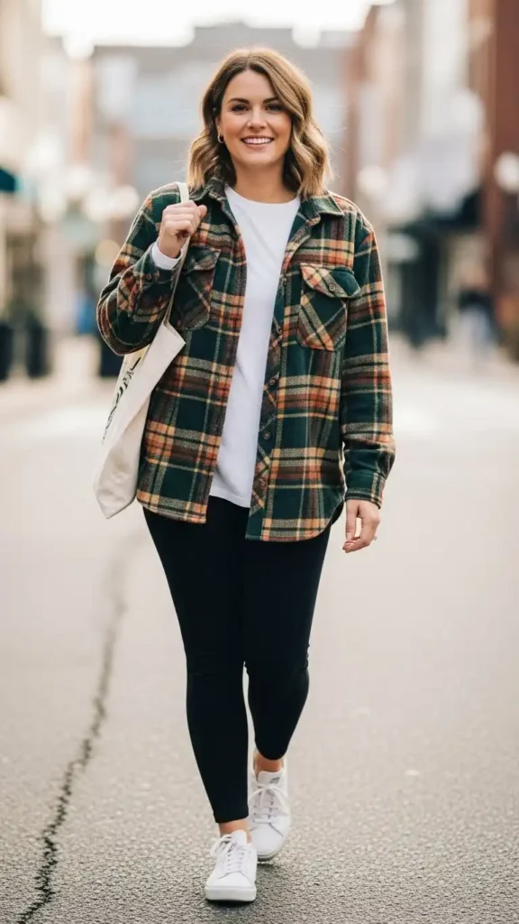 flannel-shirt-with-leggings-and-sneakers