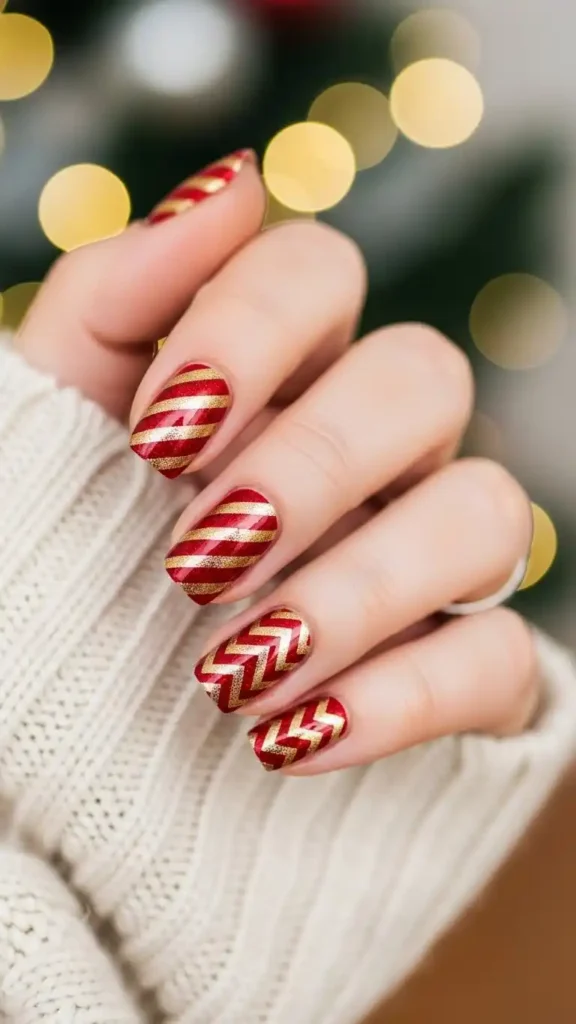 gold-and-red-striped-nails