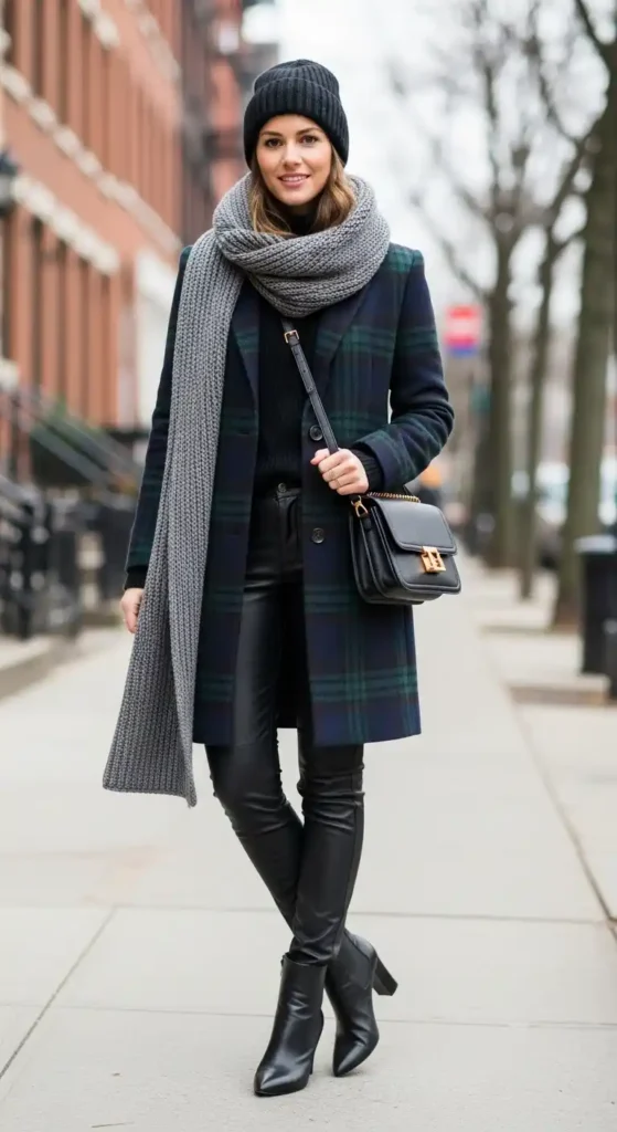 plaid-coat-leather-pants