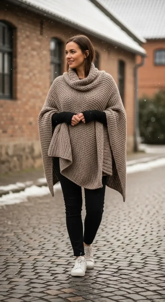 taupe-knit-poncho-over-black-jeans-and-white-sneakers