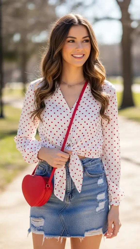 polka-dot-blouse-with-denim-skirt