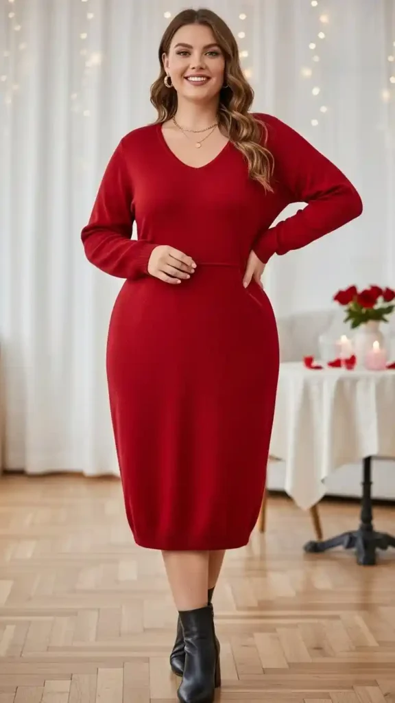 red-knit-dress-with-ankle-boots