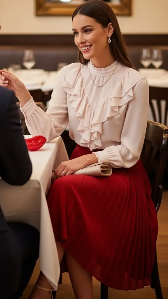 ruffled-blouse-with-pleated-midi-skirt
