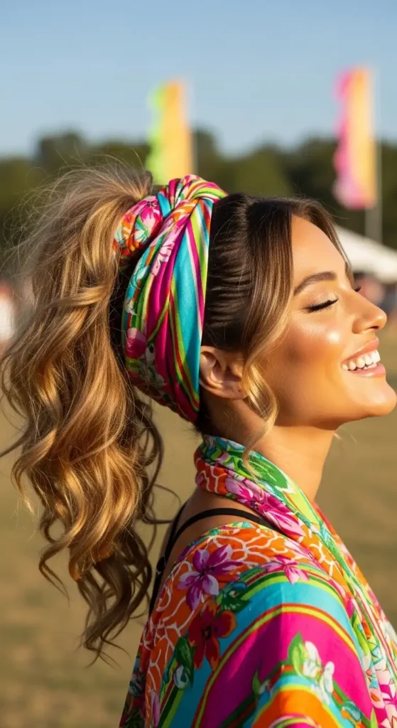 messy-high-ponytail-with-colorful-wraps