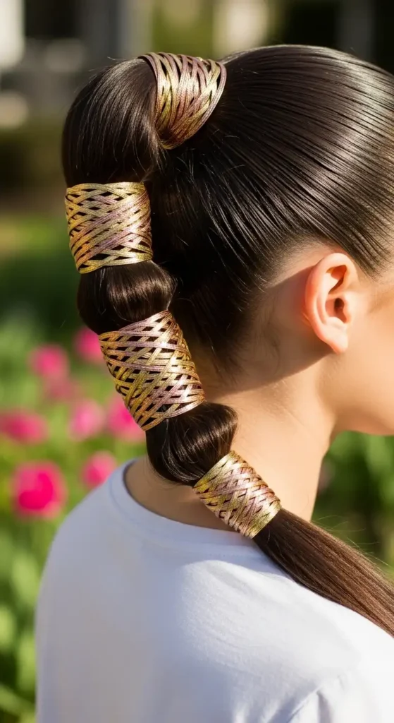 sleek-low-ponytail-with-metallic-wraps