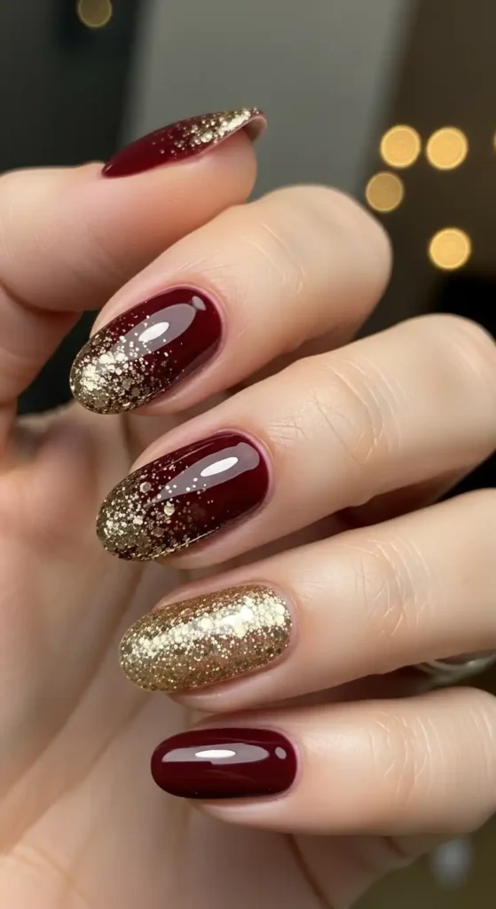burgundy-and-gold-glitter-holiday-nail
