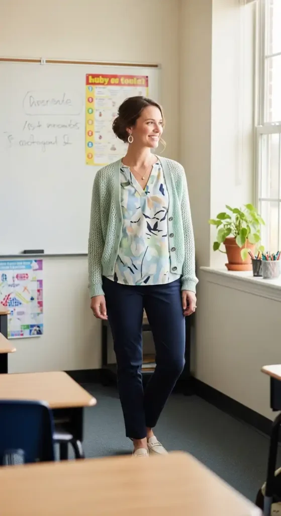 cardigan-over-printed-top-with-slim-pants