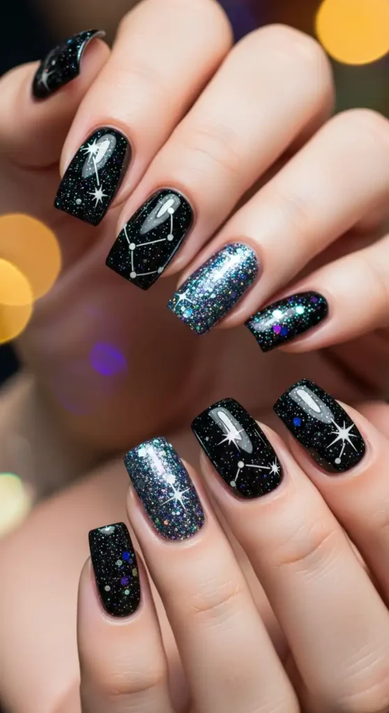 celestial-starry-night-black-glitter-nail-art