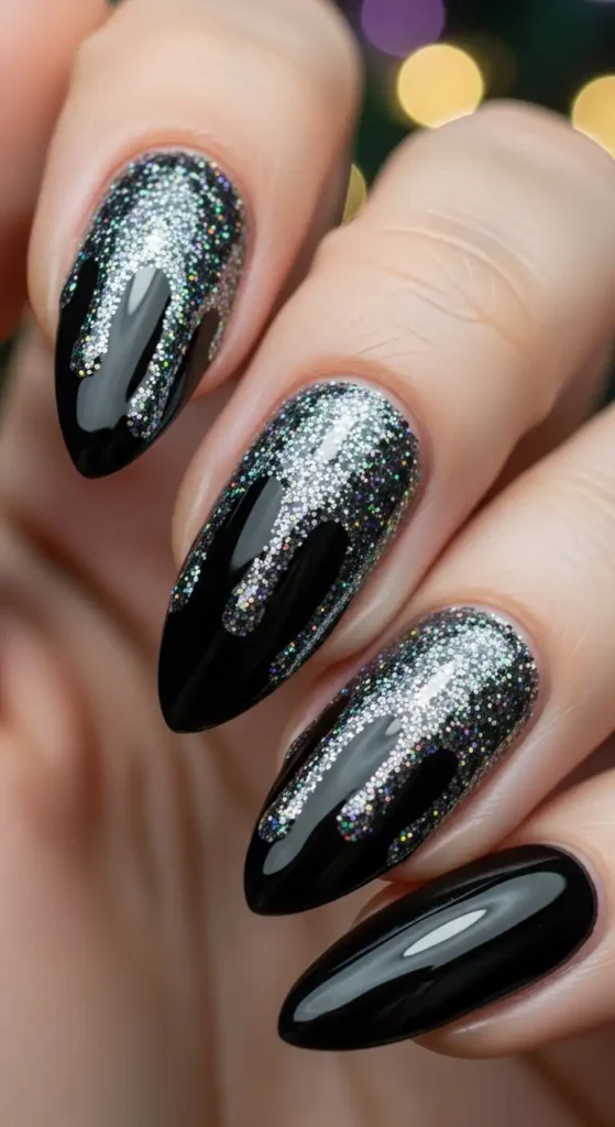 chic-black-glitter-drip-nail
