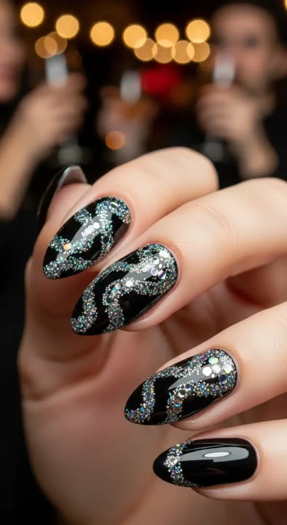 elegant-black-glitter-wavy-nail
