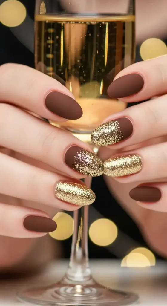 elegant-brown-and-gold-matte-glitter-nail