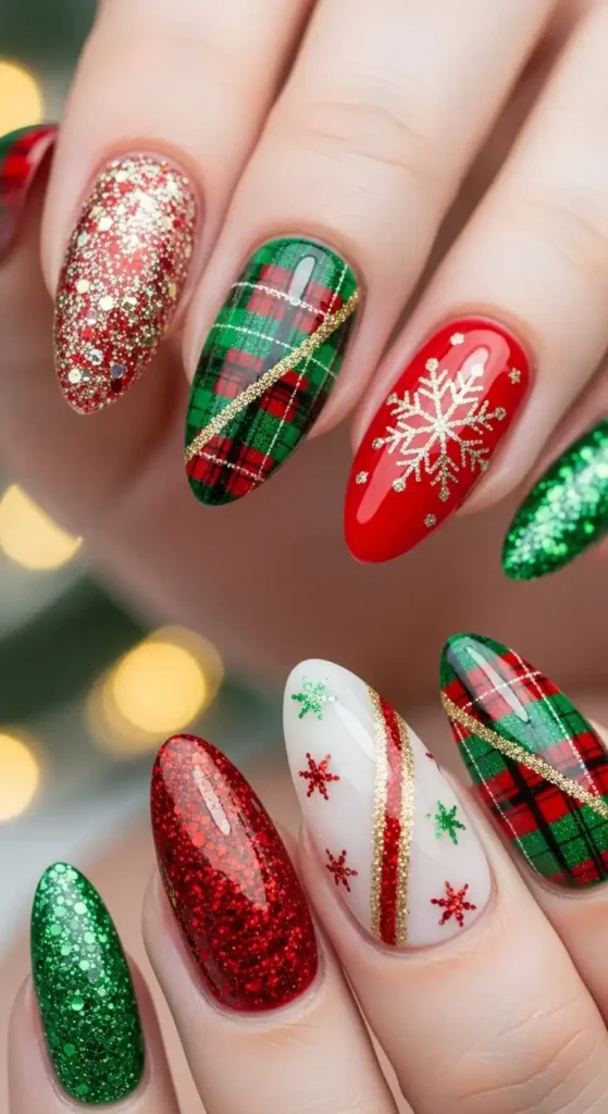 festive-plaid-and-glitter-christmas-nail-inspiration