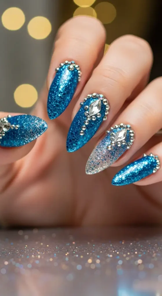 gorgeous-blue-glitter-and-rhinestone-nail
