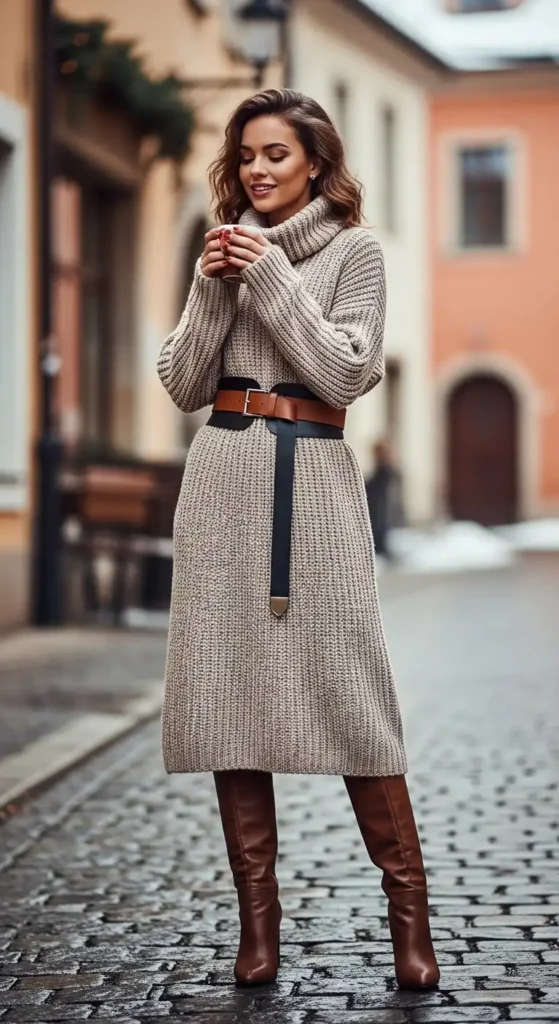 knit-dress-with-belt-and-boots