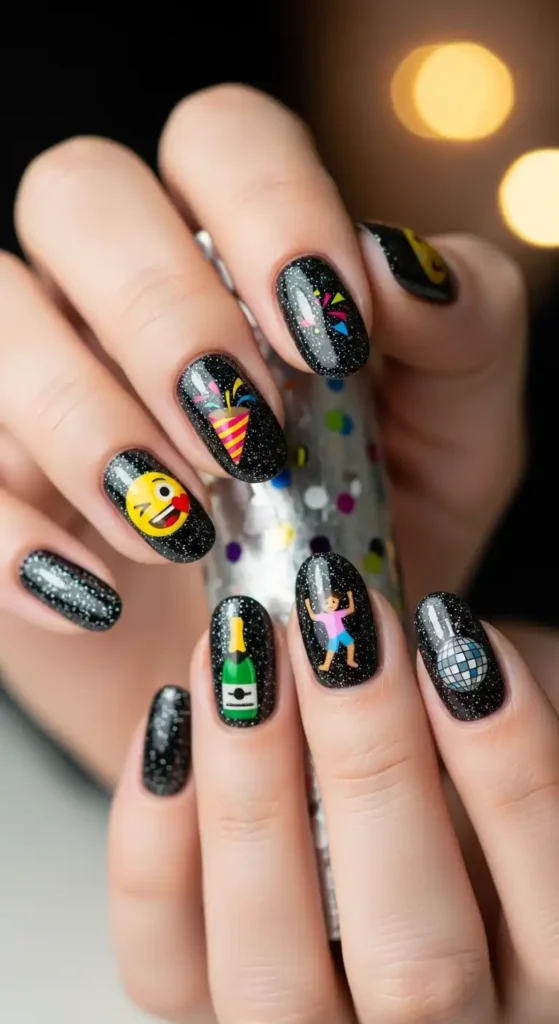 playful-emoji-black-glitter-nail
