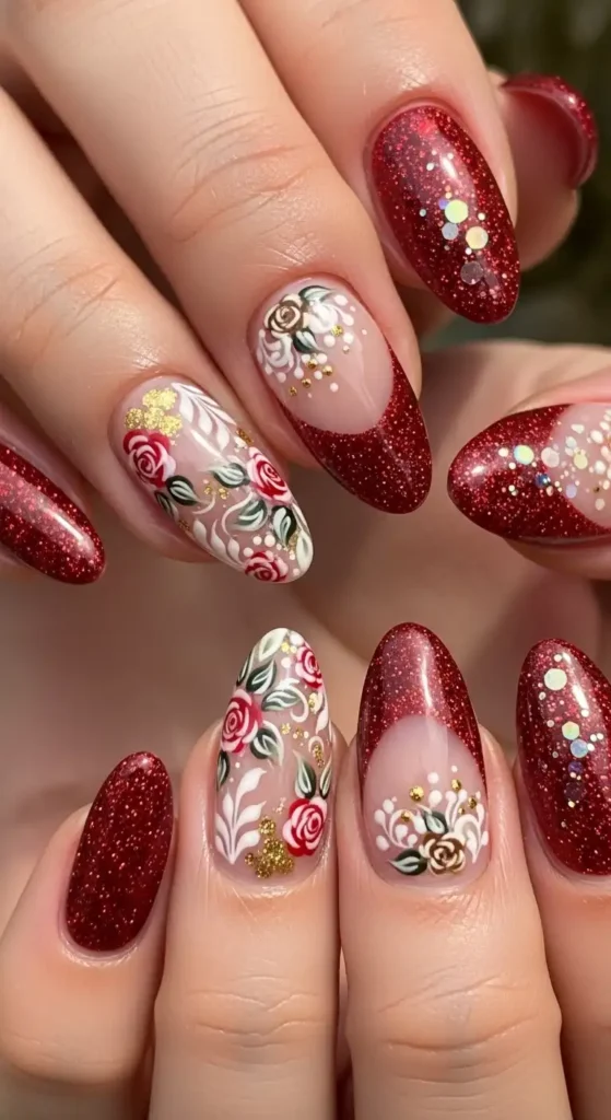 romantic-red-glitter-and-floral-nail-art
