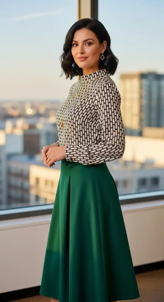 a-line-midi-skirt-with-patterned-blouse