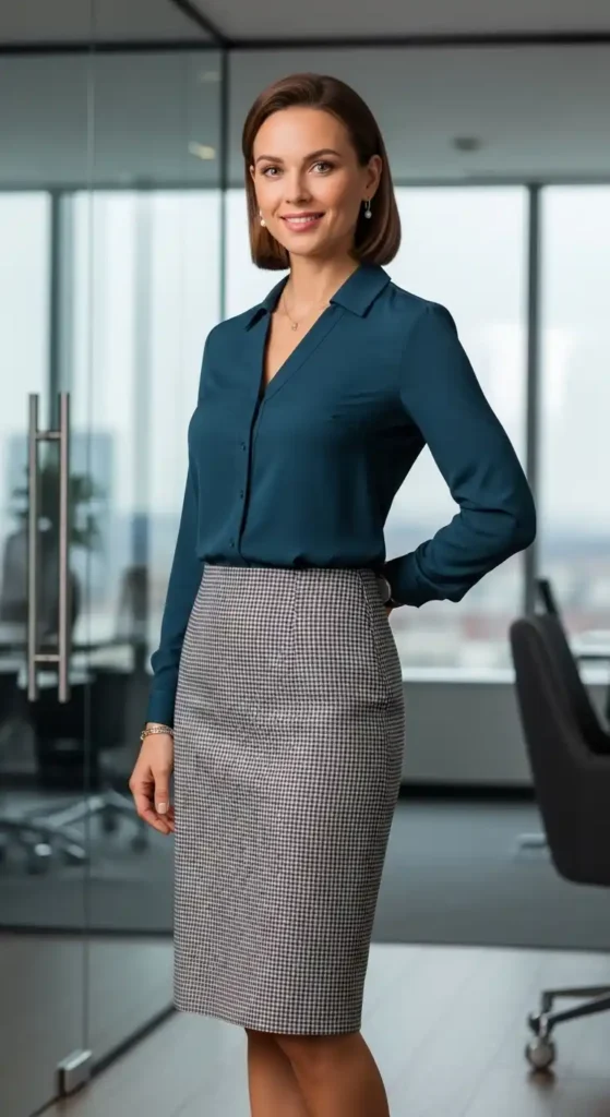 checkered-skirt-with-solid-blouse