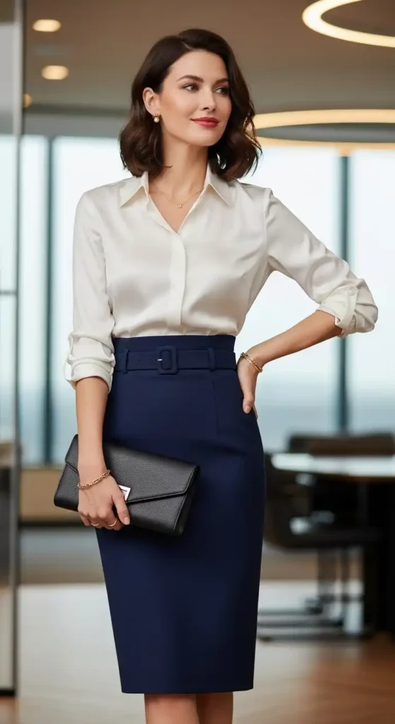 high-waist-skirt-with-silk-blouse