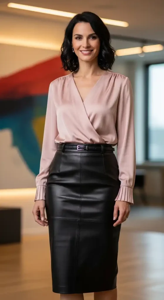 leather-pencil-skirt-with-soft-blouse