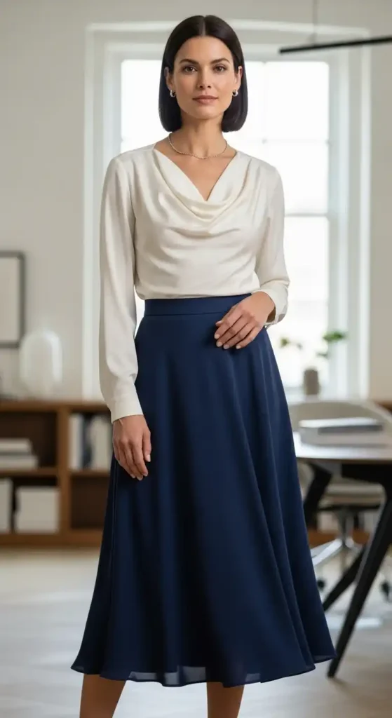 midi-a-line-skirt-with-cowl-neck-blouse