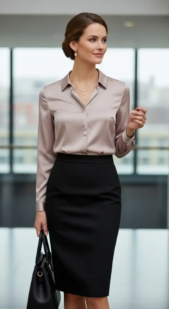 pencil-skirt-with-silk-blouse