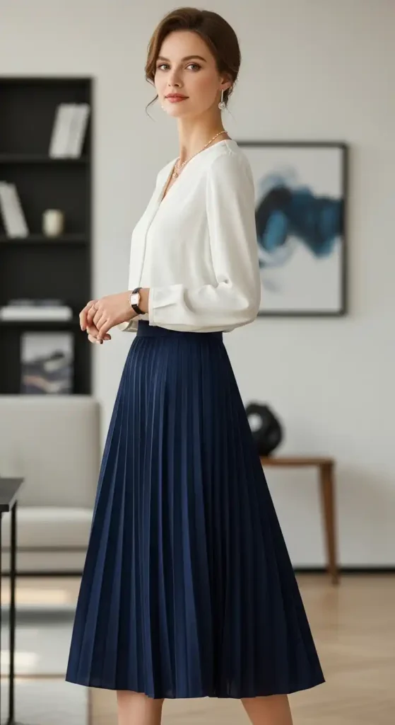 pleated-midi-skirt-with-solid-colored-blouse