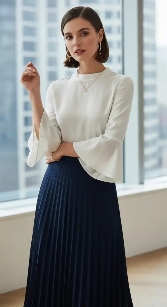 pleated-skirt-with-bell-sleeve-blouse