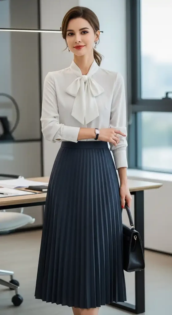pleated-skirt-with-bow-tie-blouse
