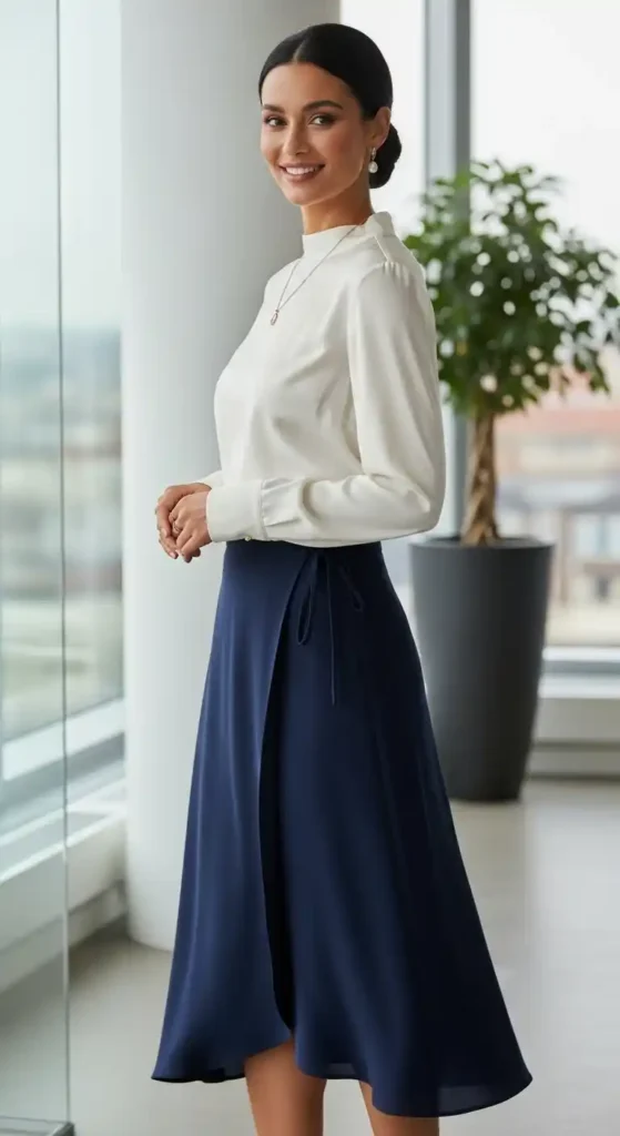 wrap-skirt-with-long-sleeve-blouse