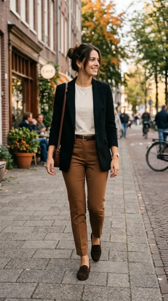 black-blazer-with-brown-slim-trousers