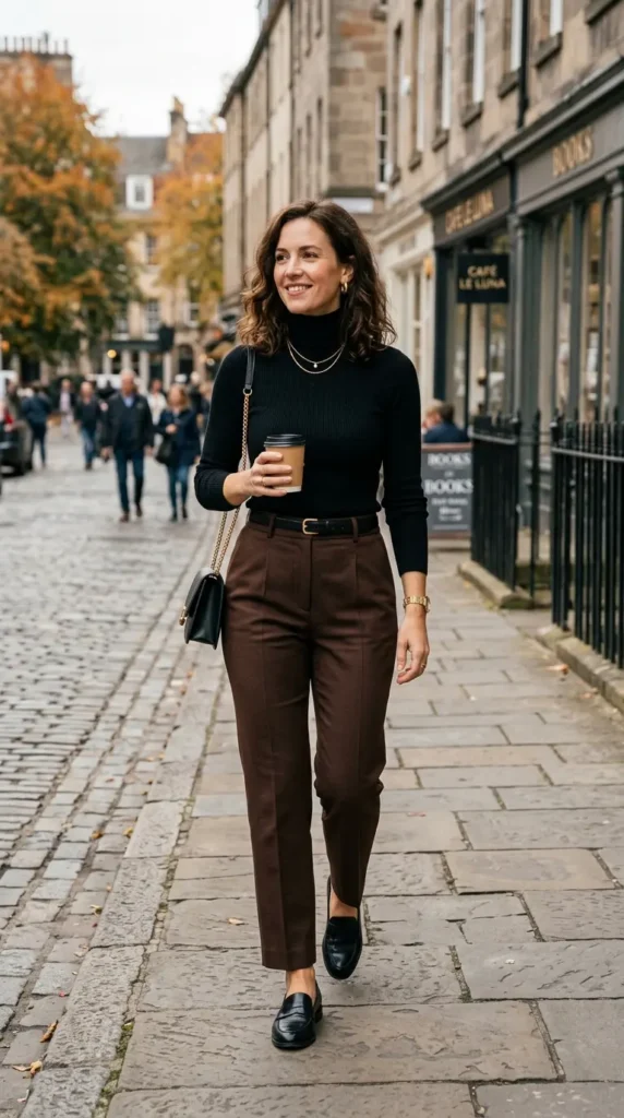 black-turtleneck-with-tailored-brown-trousers