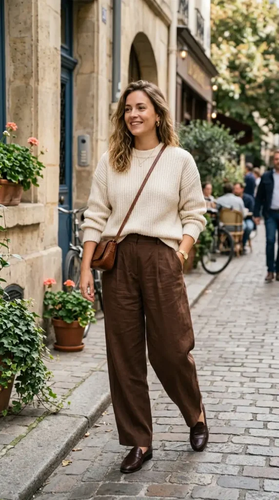 cream-sweater-with-loose-brown-trousers