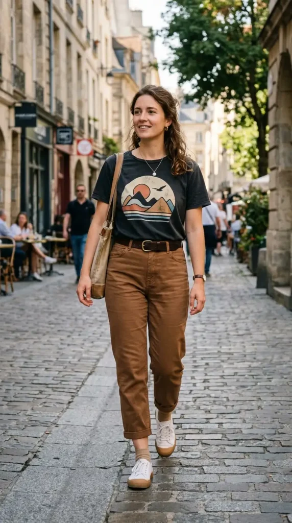 graphic-tee-with-cropped-brown-trousers