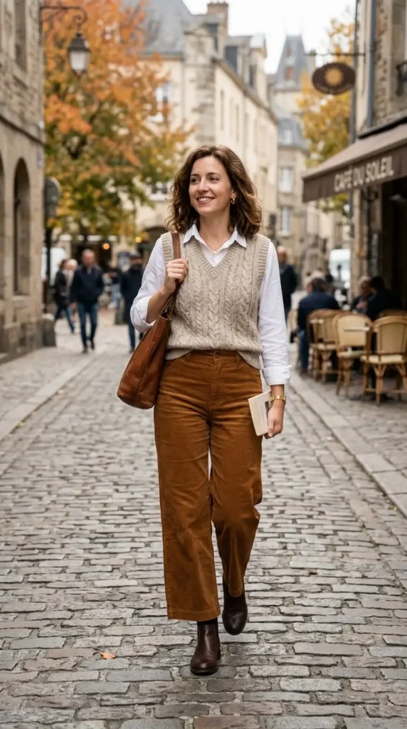 knit-vest-with-white-shirt-and-brown-pants