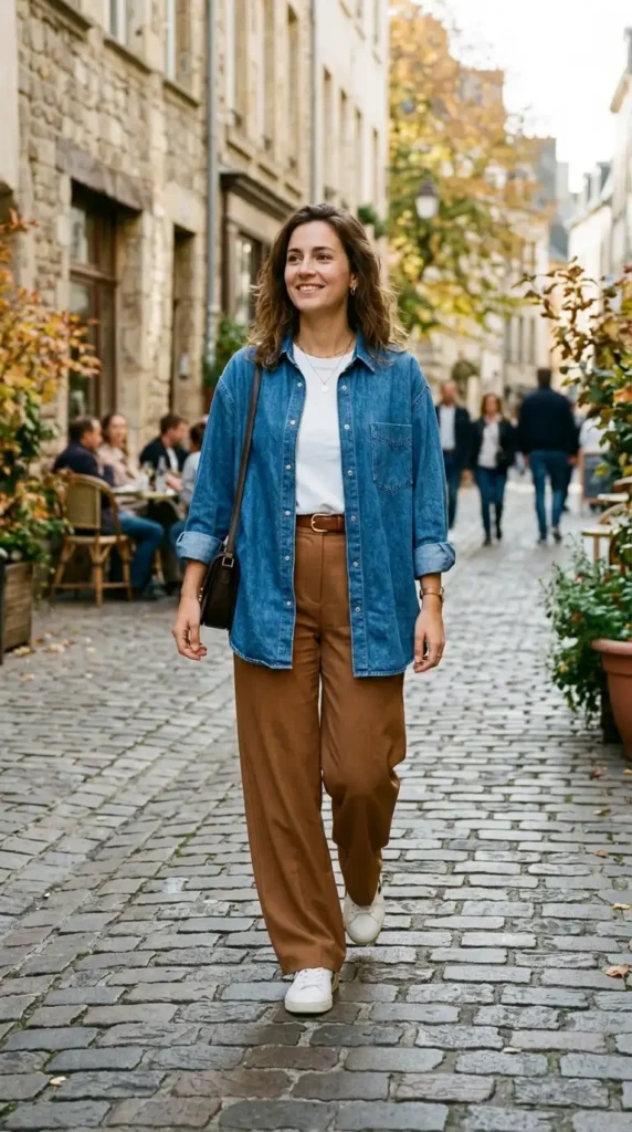 oversized-denim-shirt-with-brown-wide-leg-trousers