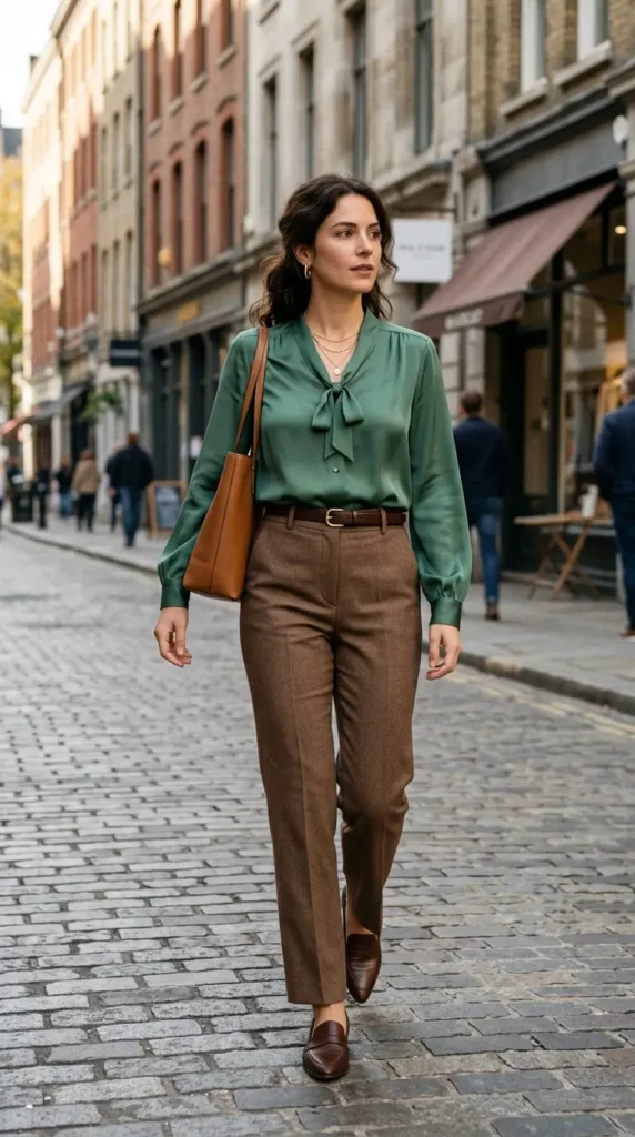 silk-blouse-with-brown-tailored-pants