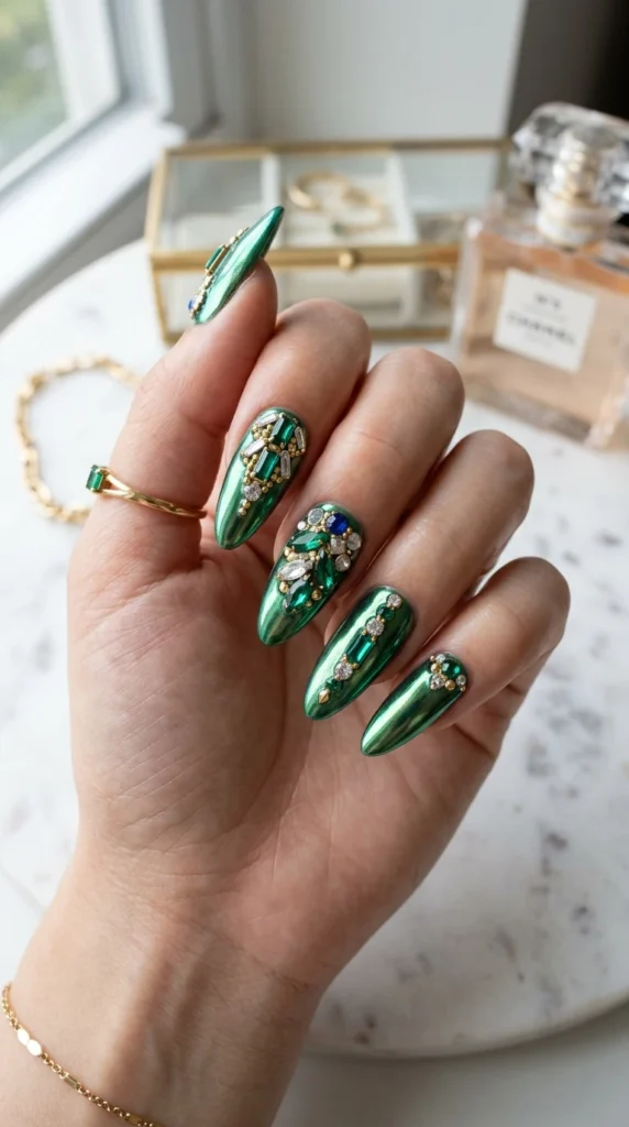 emerald-chrome-jewel-nails
