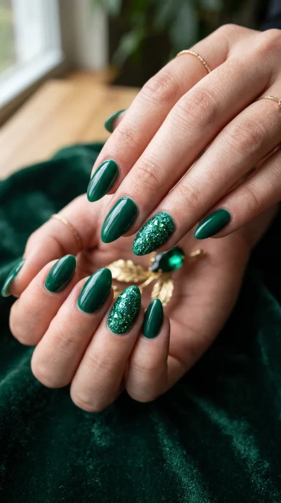 glitter-emerald-accent-nails