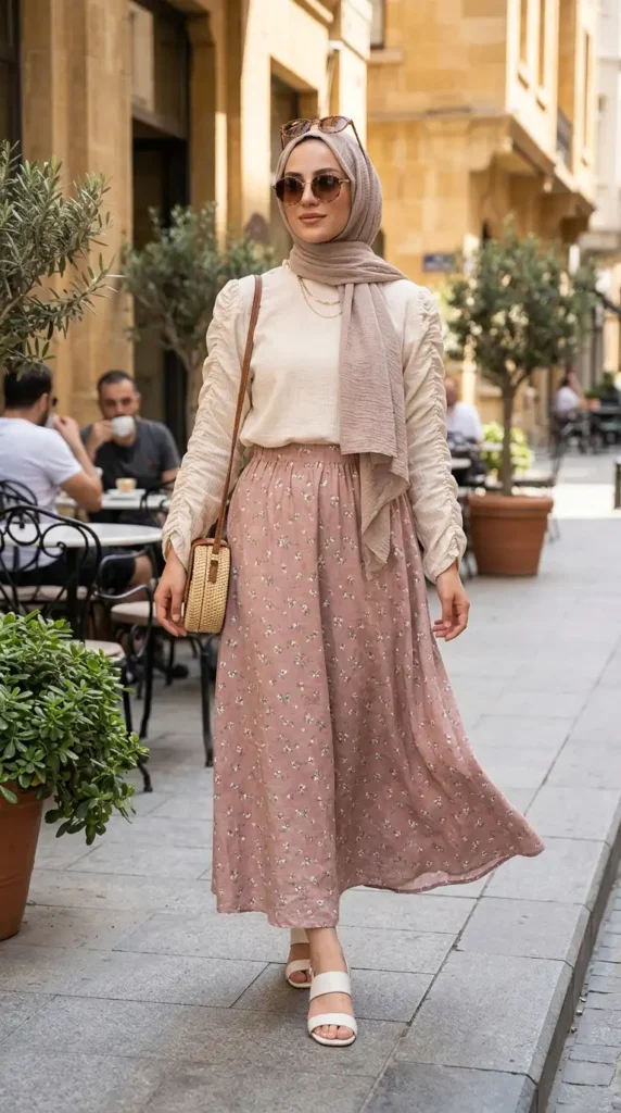ruched-sleeve-blouse-with-midi-skirt